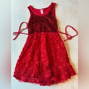 Justice Red Sequin Dress, Frilly Flowered Bottom. Tie Back. Girls Size 8